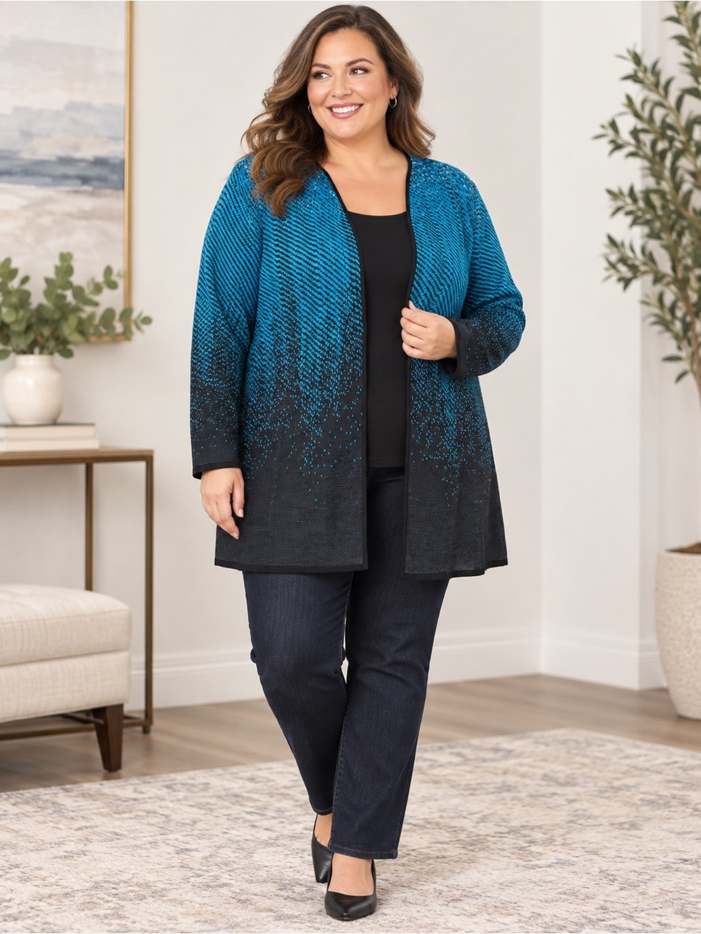 Ming Wang Women’s 1X Open Front Knit Jacket Cardigan Blue Black Long Sleeve